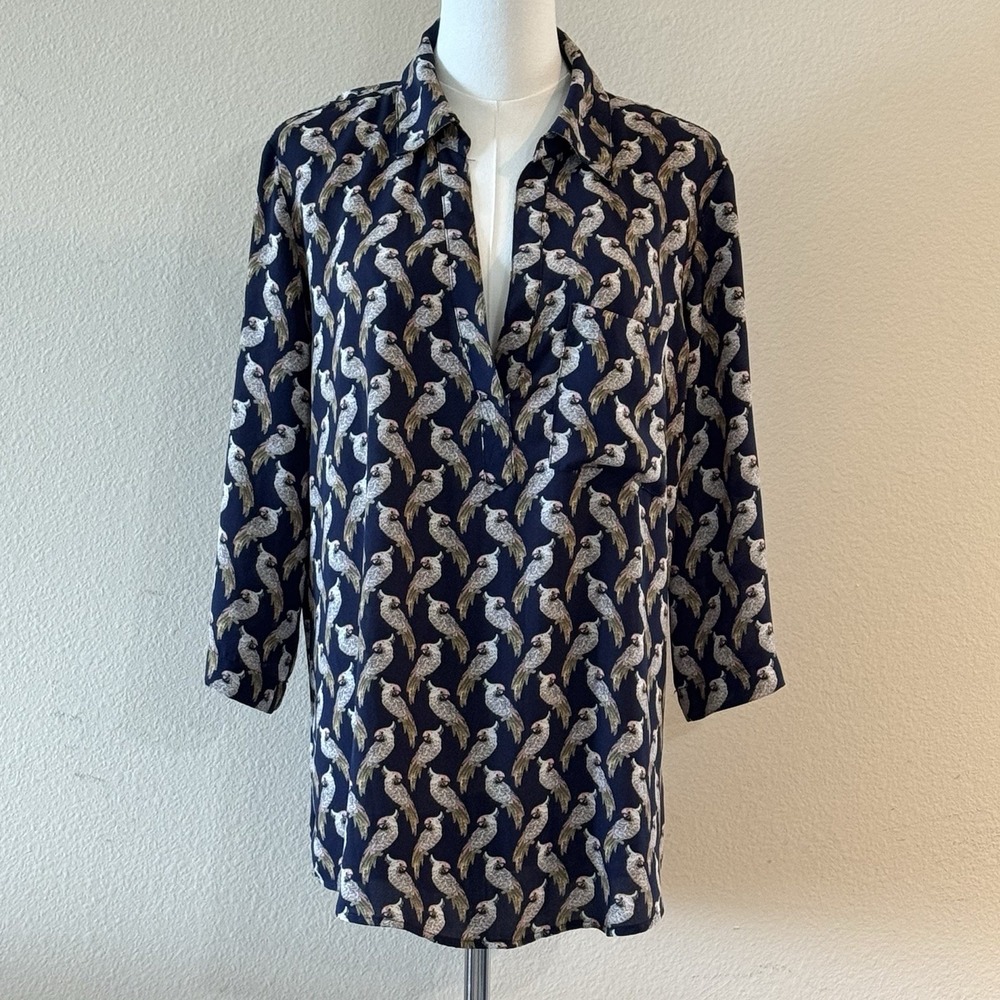 Boho Cockatoo Parrot Bird Print Tunic Blouse Navy Button Shirt Women L
